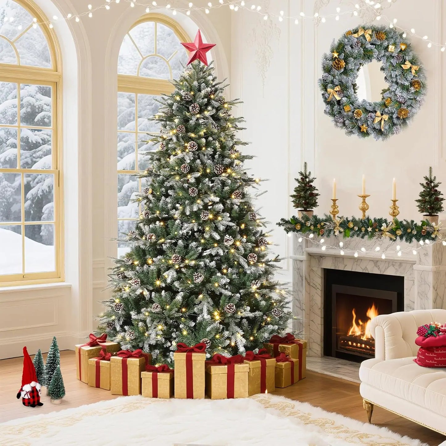 Pre-Lit Snow Flocked Christmas Tree with LED Lights & Pine Cones — 6ft, 7.5ft, 9ft Artificial Holiday Tree for Home Decor