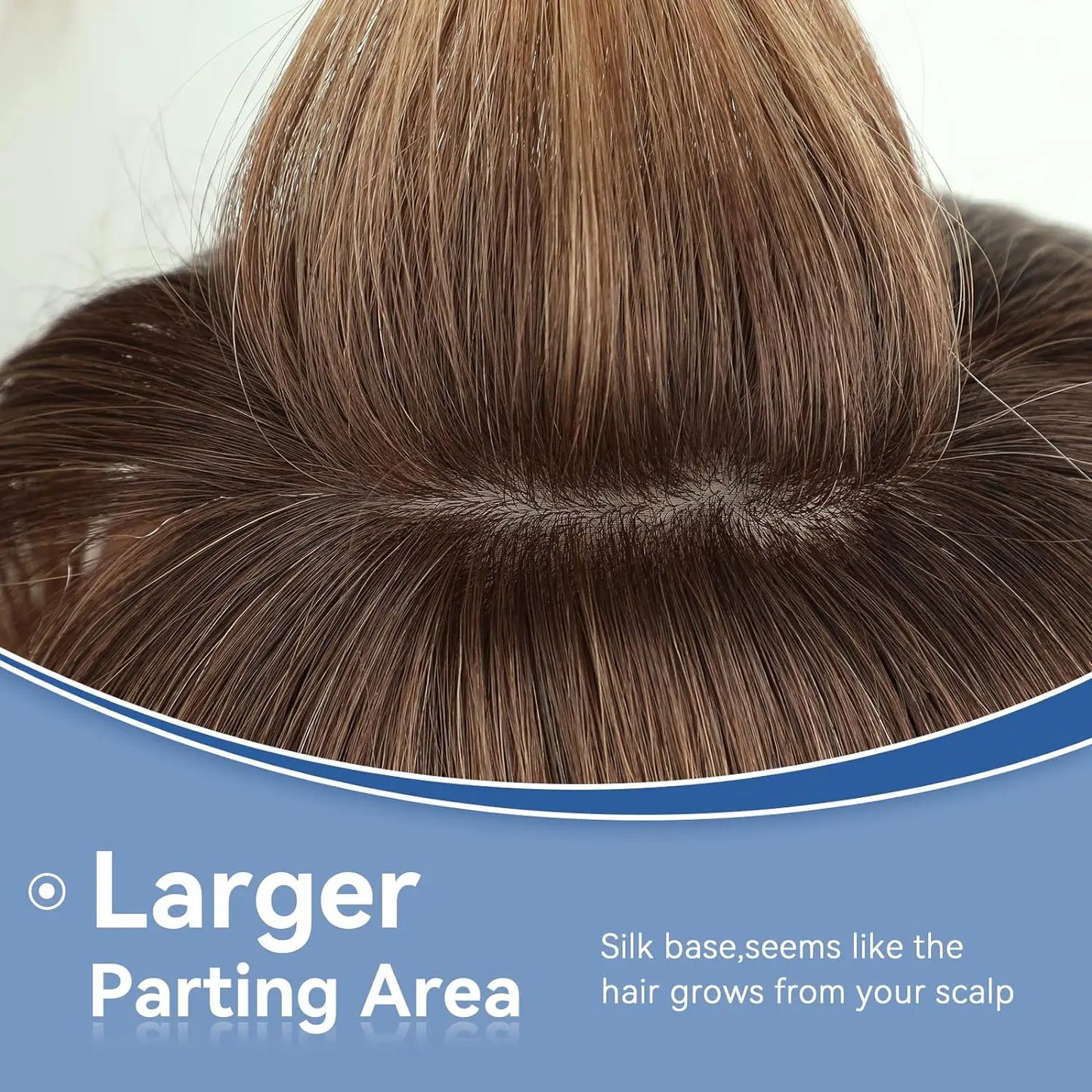10" Brown Ombre Remy Human Hair Topper – Straight with Bangs, Silk Base, Clip-In Extension for Women