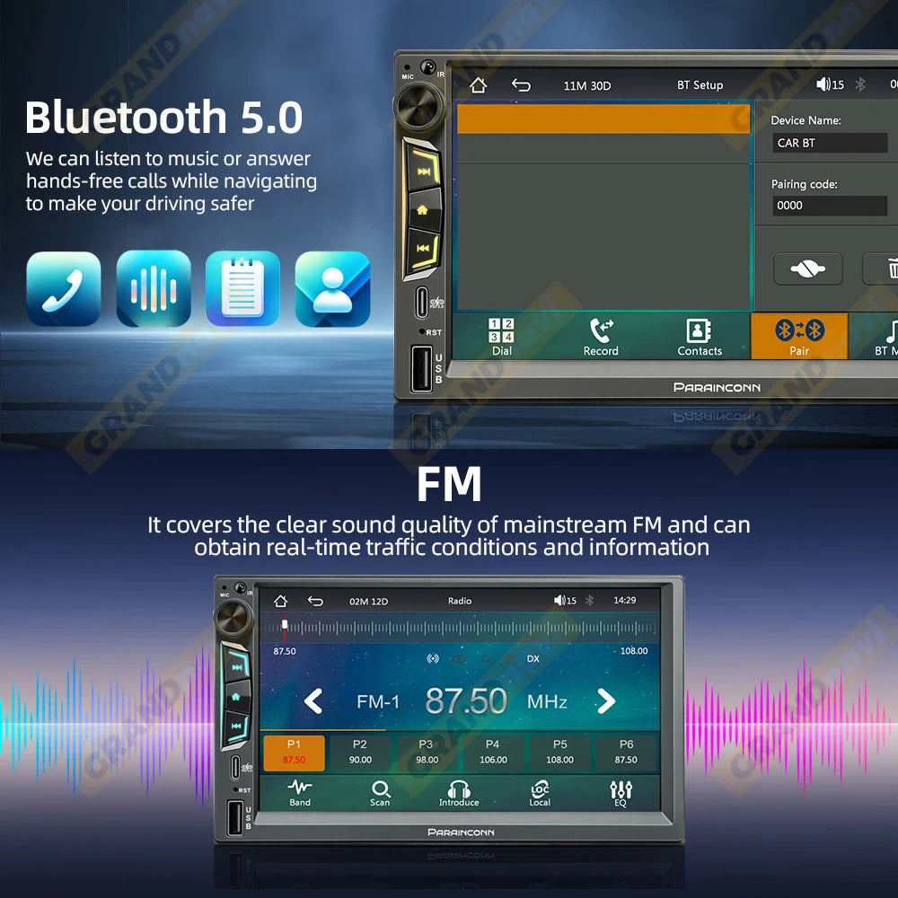 2DIN 7" Car Stereo - Wireless CarPlay & Android Auto Touchscreen MP5 Player with Bluetooth, FM Radio & PD3.0 Fast Charging