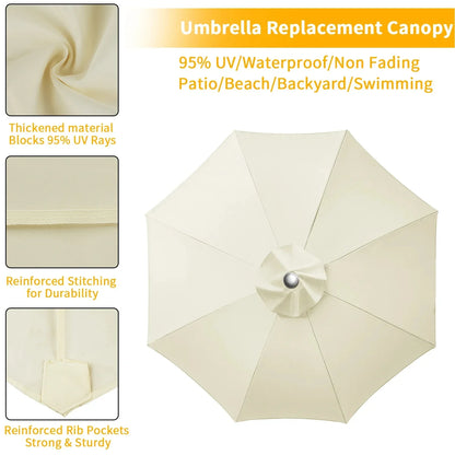 Universal Replacement Patio Umbrella Canopy – Waterproof Sunshade Cover for Garden Parasol (2m/2.5m/2.7m/3m, 6 & 8 Ribs)