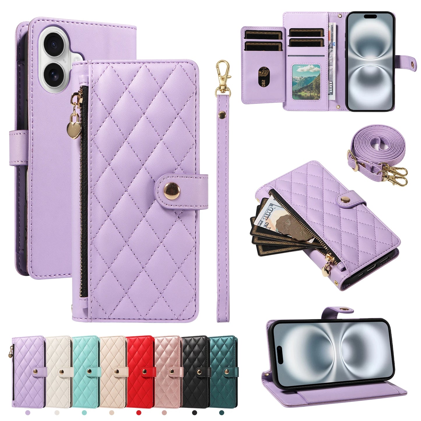 Crossbody Leather Wallet Case for iPhone – Zipper Card Slot Bag with Rhombus Design for iPhone 16/16 Pro Max/15/14/13/12/11/SE 2022