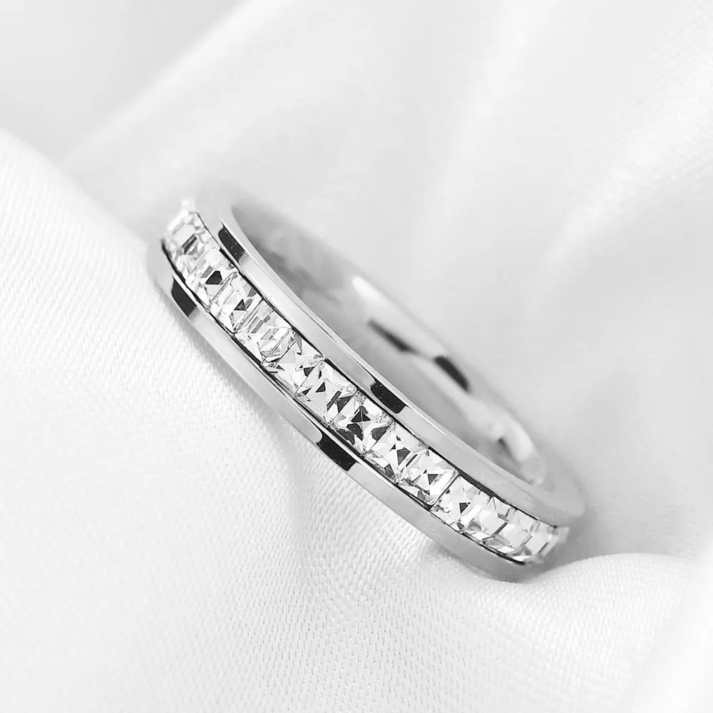 VQYSKO Square Zircon Stainless Steel Ring – White Zircon Engagement Ring for Women & Men – Geometric Couple Fashion Jewelry for Party & Custom Wear