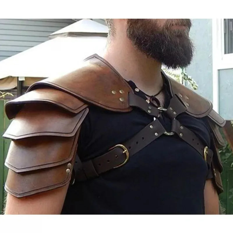 Medieval Steampunk Viking Armor – PU Leather Adjustable Shoulder & Arm Guards for Men & Women, LARP Cosplay Warrior Costume