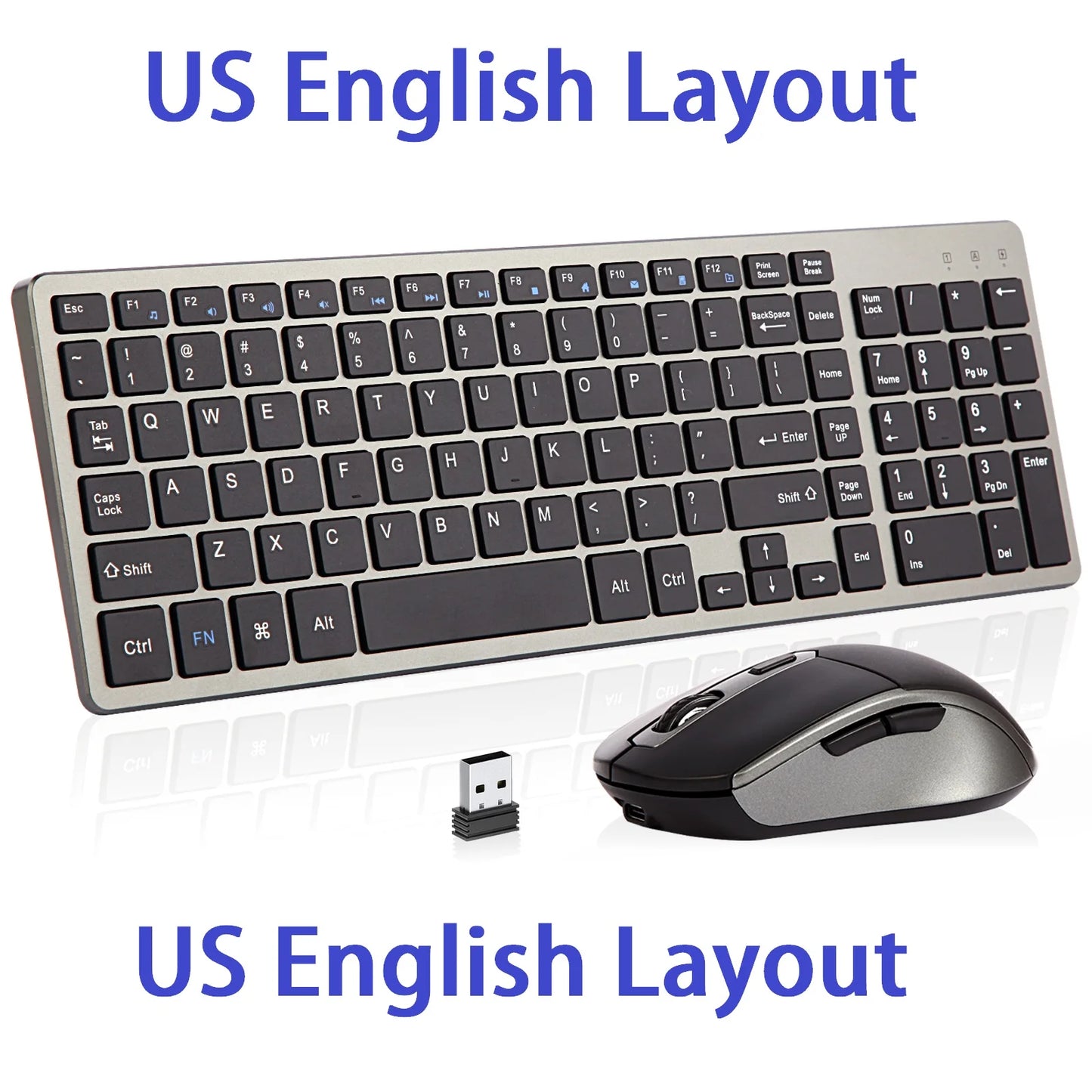 Wireless Keyboard and Mouse Combo – Rechargeable Slim Set with Russian, Hebrew, Korean, English Keycaps & Silent Mouse