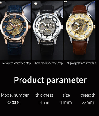LONGLUX Rome Automatic Mechanical Waterproof Men’s Watch – Hollow Dial Leather Wristwatch Gift
