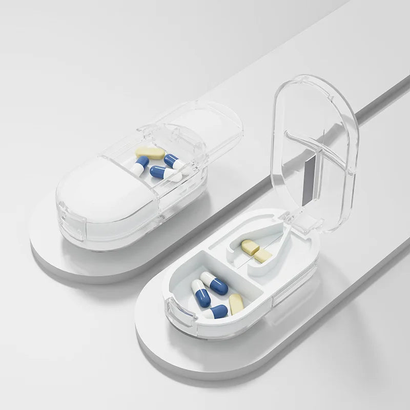 2-in-1 Pill Cutter with Invisible Storage Box – Portable Mini Tablet & Medicine Crusher, Dustproof Divider Organizer