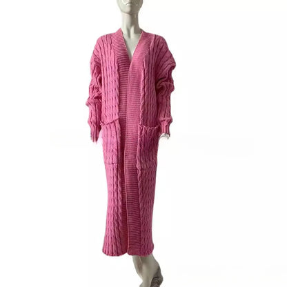 Women’s Long Knit Cardigan with Pockets – Vintage Full Sleeve Thick Autumn Winter Sweater Coat