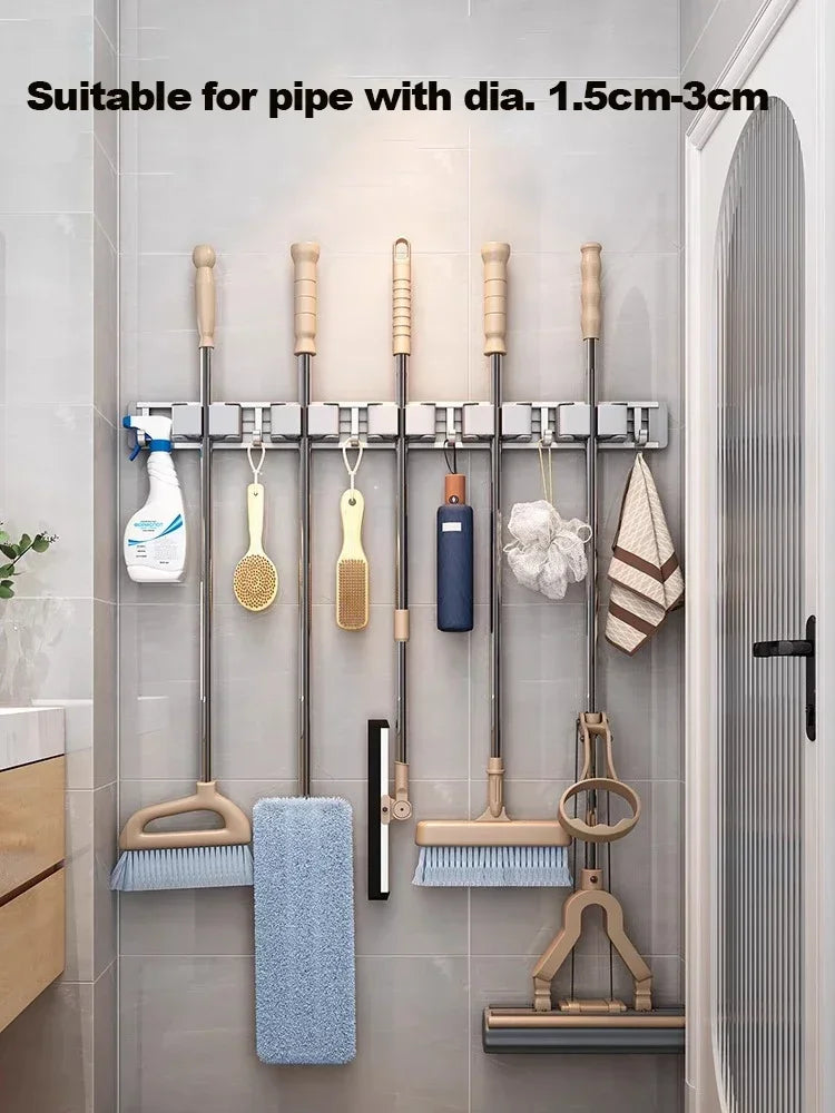 Wall-Mounted Mop & Broom Organizer — Strong Mop Holder Rack with 5 Hooks for Hanging Brooms and Cleaning Tools