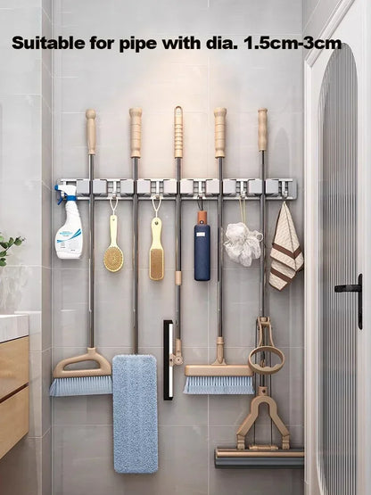 Wall-Mounted Mop & Broom Organizer — Strong Mop Holder Rack with 5 Hooks for Hanging Brooms and Cleaning Tools