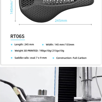 RYET Ultra Full Carbon 3D Printed Bike Saddle — 145mm Lightweight MTB Seat with High Modulus Carbon Fiber Base