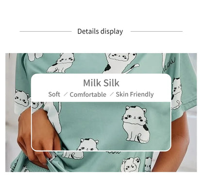Women's 2-Piece Pajamas Set – Short Sleeve Cartoon Print Top and Pants Sleepwear Loungewear