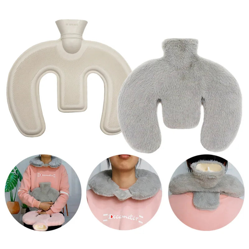 U-Shaped Hot Water Bottle Neck Wrap - Reusable Plush Heating Bag with Hand Pockets for Winter Warmth and Comfort