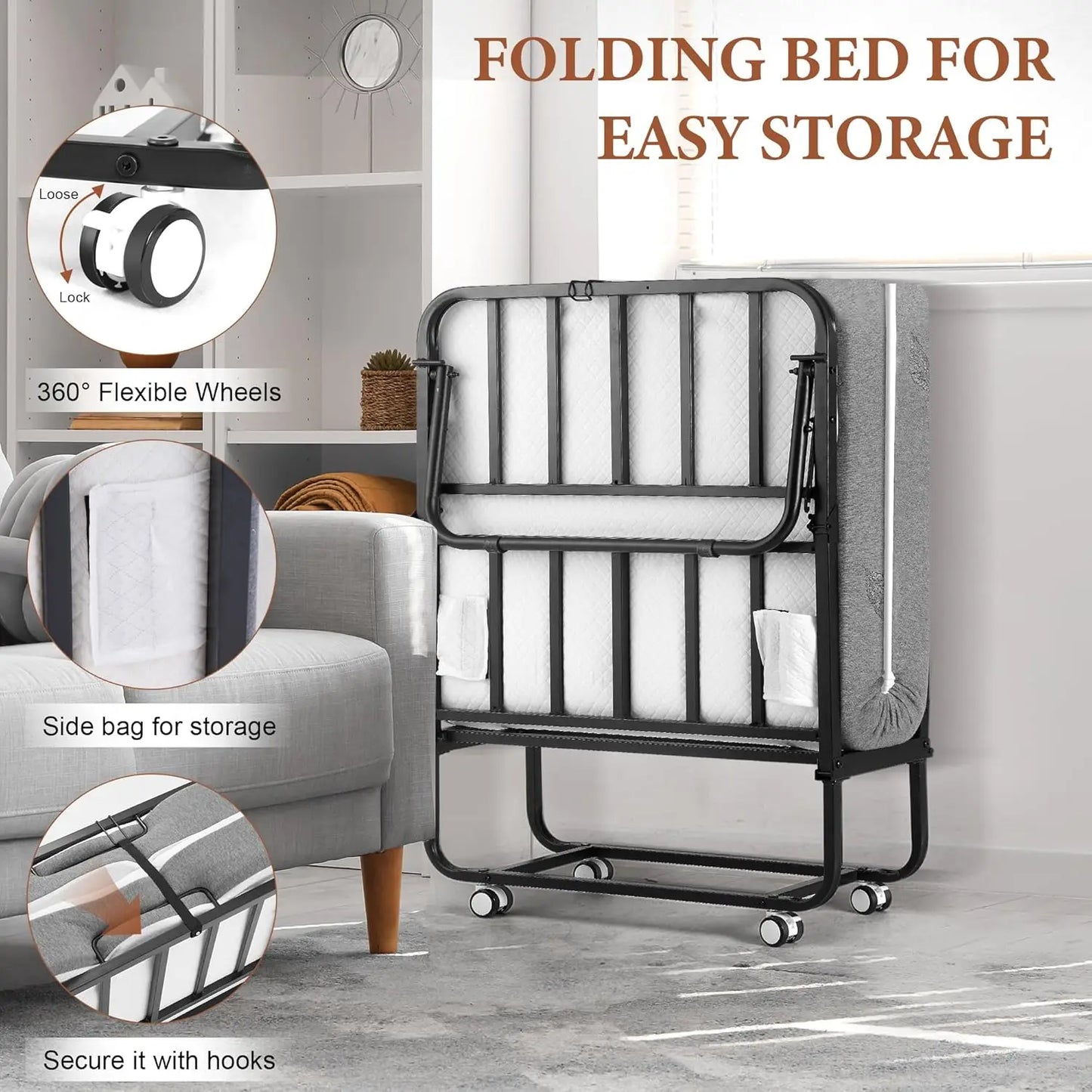 Twin Size Foldable Metal Bed Frame with Foam Mattress – Rollaway Space Saving Guest Bed with Lockable Wheels (75”x31”)