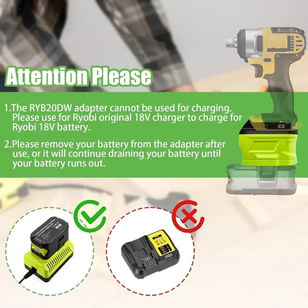 Battery Adapter Converter - Ryobi 18V Li-Ion Battery to Dewalt 20V Power Tool Compatibility Adapter