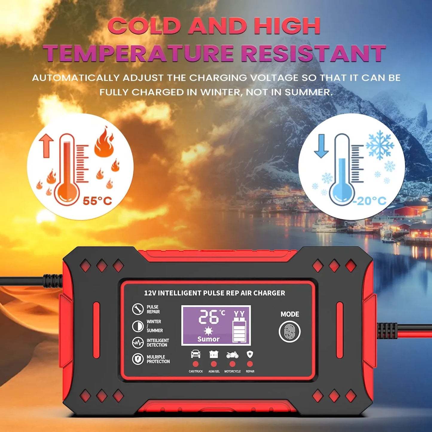 6A 12V Intelligent Car Battery Charger - Lead-Acid Charging Unit for Car and Motorcycle, LCD Display, Battery Repair