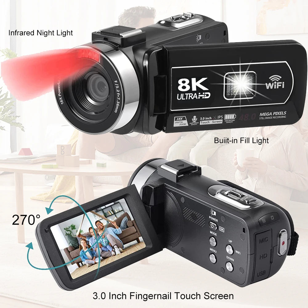 8K Digital Video Camera – 64MP Professional Recorder with 18X Digital Zoom, 3-Inch LCD Touch Screen Camcorder