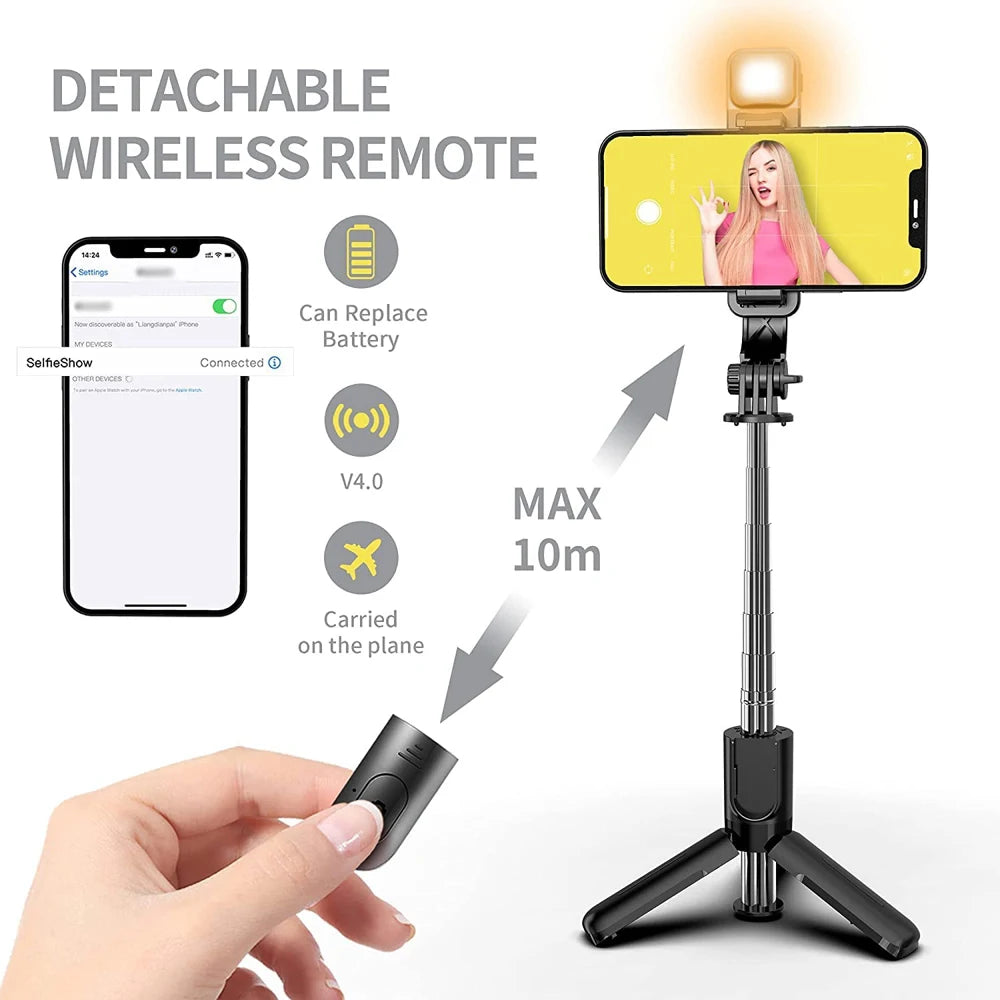 Wireless Bluetooth Selfie Stick Tripod – Foldable & Portable with Fill Light and Remote for iPhone & Android Phones