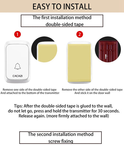 CACAZI A06 DC Battery-Operated Wireless Waterproof Doorbell – 300M Remote, 36 Chimes, Cordless Home Call Bell
