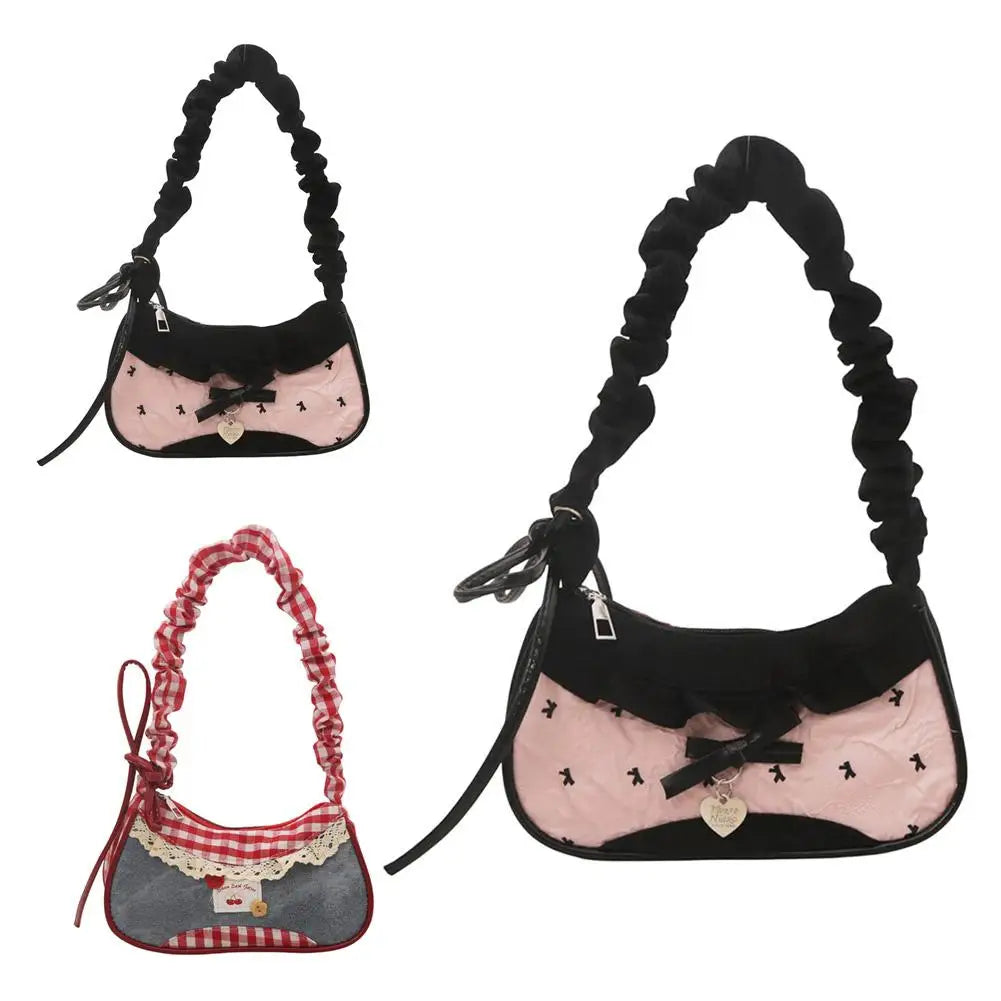 Fashion Grid Lace Shoulder Bag - Stretchable Ribbon Strap Underarm Handbag for Women, Students & Daily Commuting