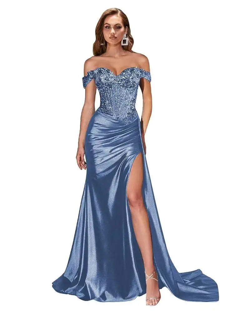 Dark Navy Off-Shoulder Prom Dress – Sweetheart Beaded Lace Evening Gown with High Side Slit, 2025 Custom