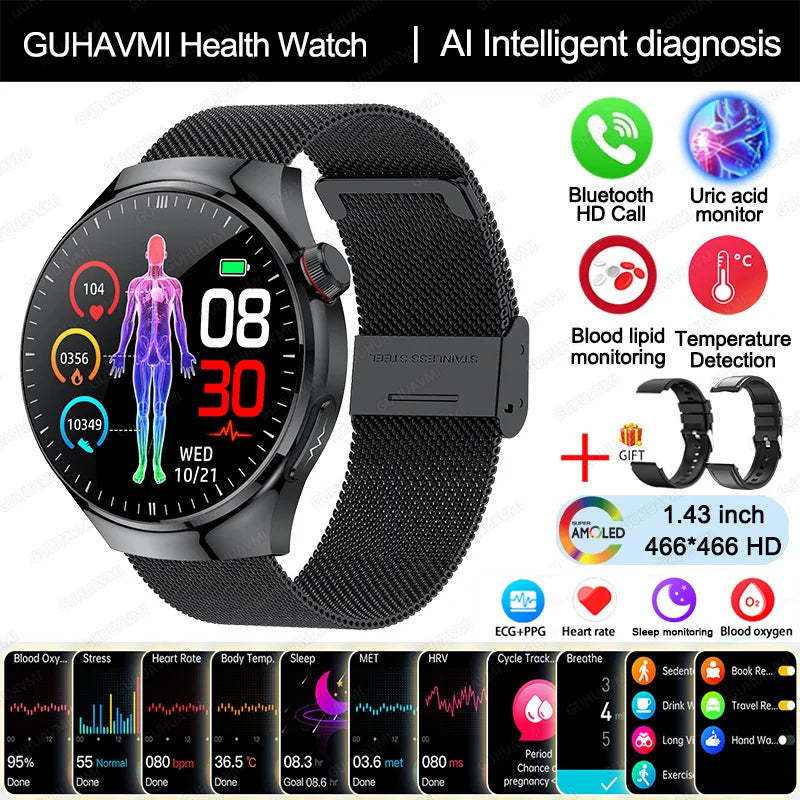 2025 Nursing-Grade Smartwatch — Blood Oxygen, Lipid, Uric Acid, ECG+PPG, Body Temperature & Bluetooth Call Health Tracker