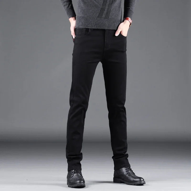 Men’s Spring Autumn Slim Black Jeans — Elastic Straight Korean Vintage Denim Pants for Business & Casual Wear
