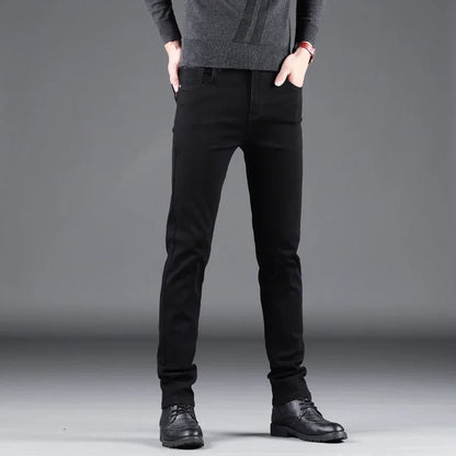 Men’s Spring Autumn Slim Black Jeans — Elastic Straight Korean Vintage Denim Pants for Business & Casual Wear