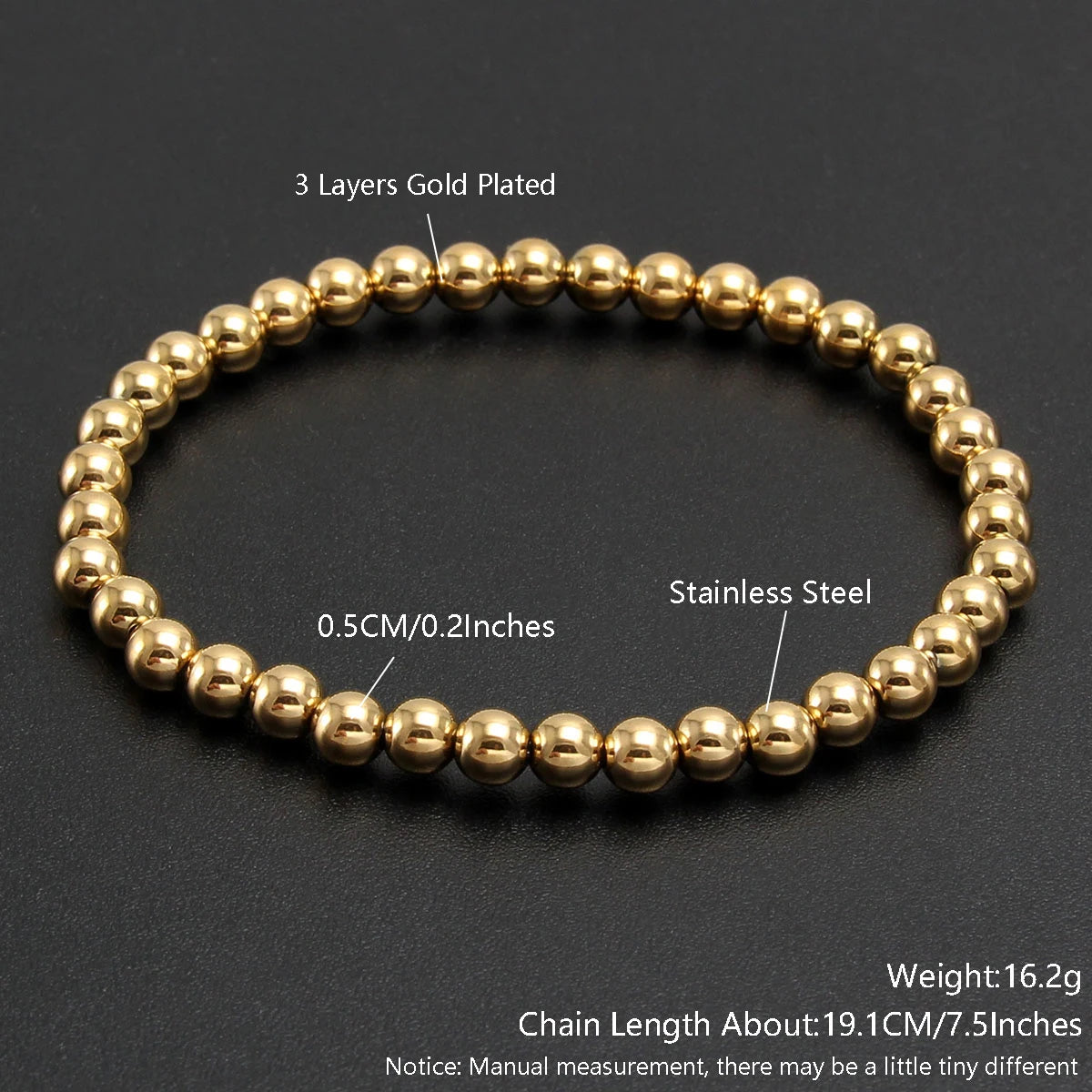 MHS.SUN Trendy Stainless Steel Stretch Bracelet — Gold & Silver Beaded 2mm/5mm/8mm for Men & Women