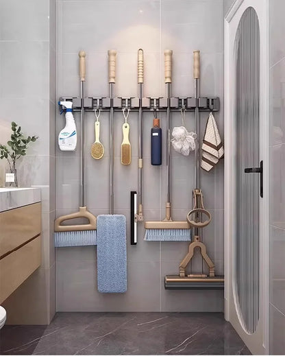 Wall-Mounted Mop & Broom Organizer — Strong Mop Holder Rack with 5 Hooks for Hanging Brooms and Cleaning Tools