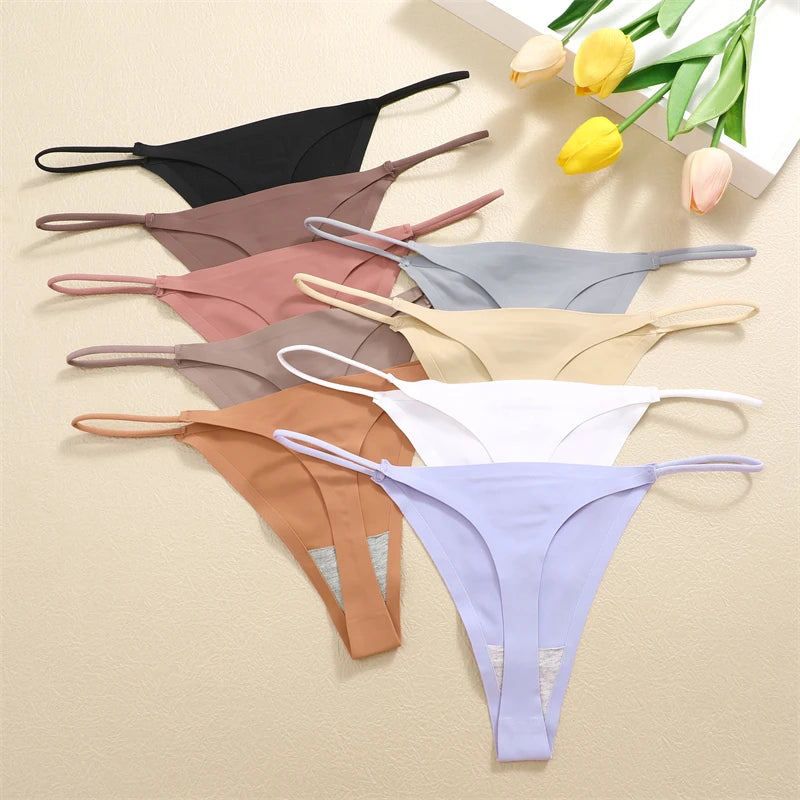 5PCS Seamless Ice Silk Thongs for Women – Low Waist Sexy Bikini T-Back, Solid Color Traceless G-String Panties, XS-XL