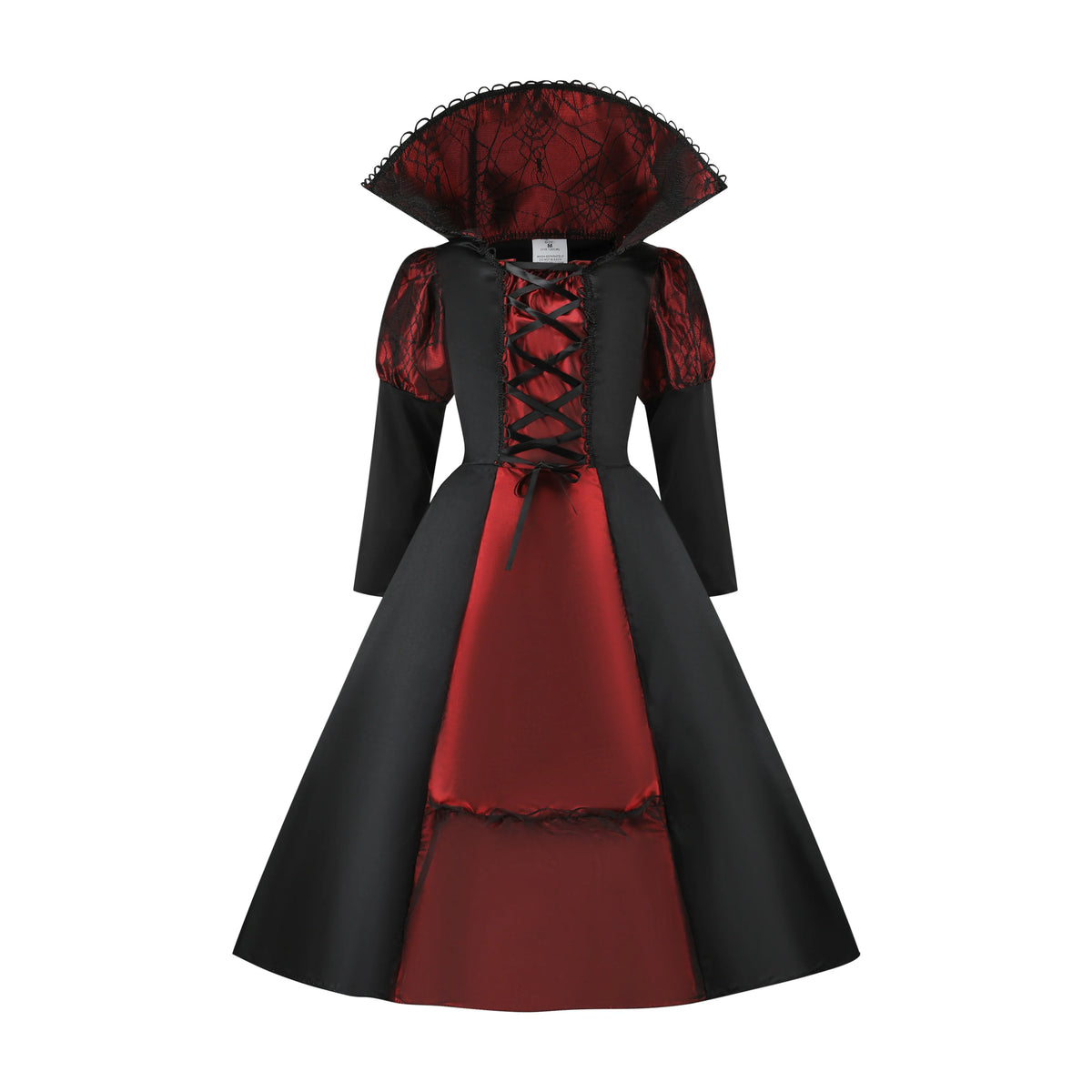 Girls Vampire Queen Costume - Black & Red Vintage Long Dress with Collar for Halloween & Cosplay