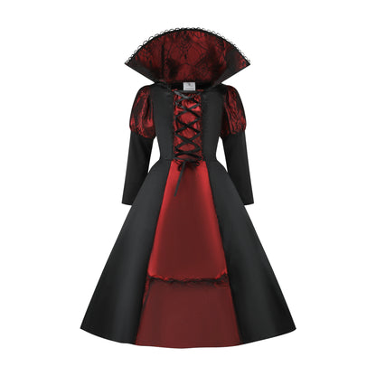 Girls Vampire Queen Costume - Black & Red Vintage Long Dress with Collar for Halloween & Cosplay