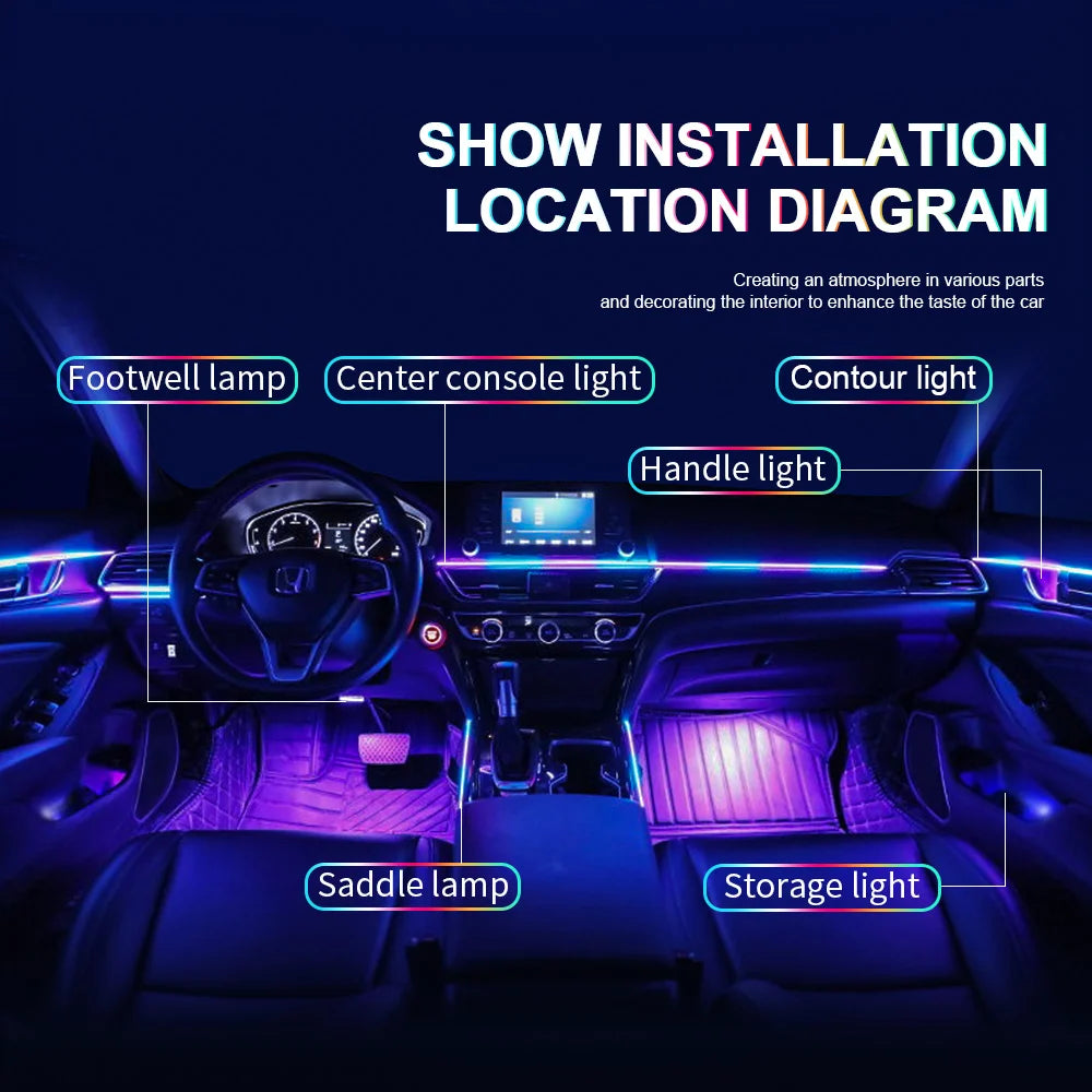 10/14/18-in-1 LED Car Ambient Lights – 213 64 Color RGB Bluetooth Rainbow Acrylic Strips, Atmosphere Lamp Kit 12V