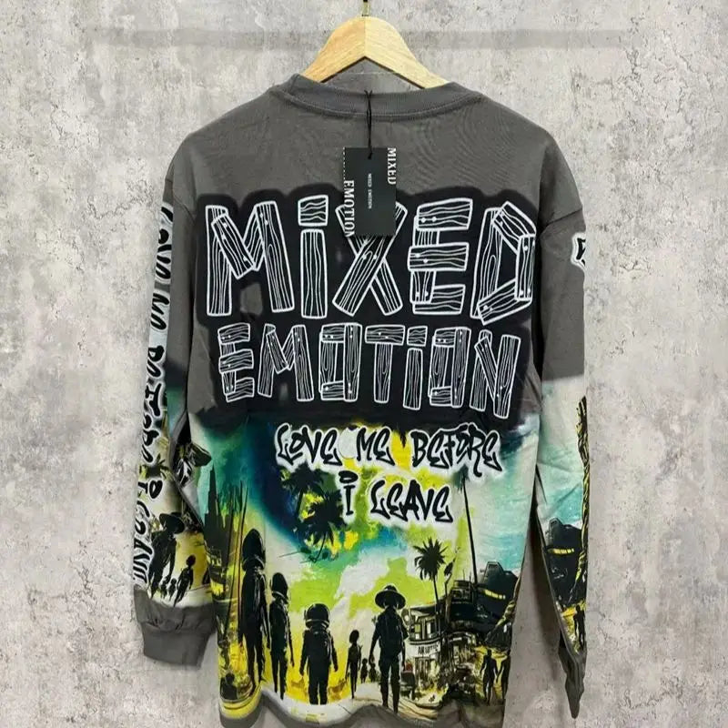 MIXED EMOTION Alien Print Long Sleeve T-Shirt - Unisex Oversized Hip Hop Crewneck Top