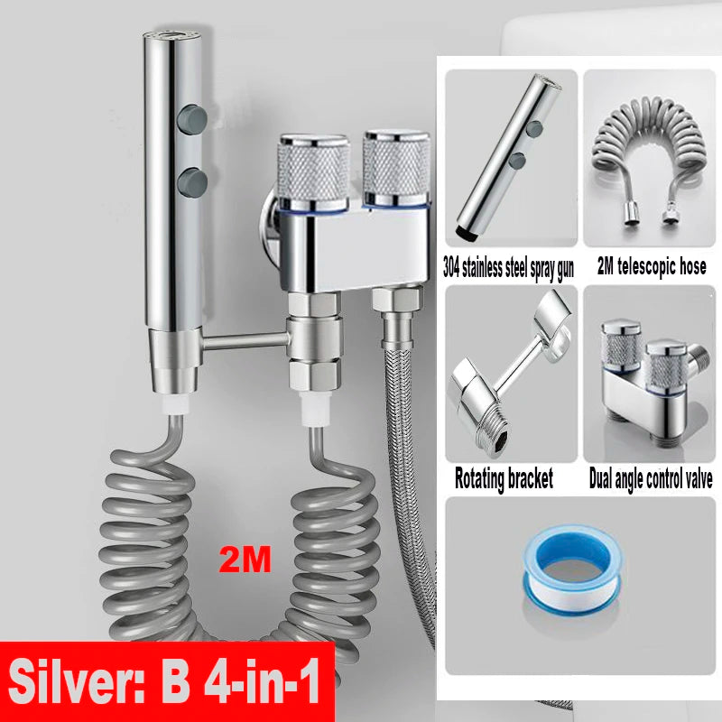 Stainless Steel Toilet Bidet Sprayer Set - Dual Button Handheld Rain Spray Faucet with Self-Cleaning Shower Head & Bathroom Hose Kit