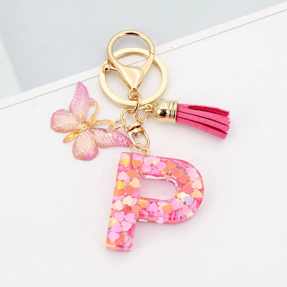 A-Z Letter Acrylic Keychain - Pink Butterfly Tassel Bag Charm & Key Ring