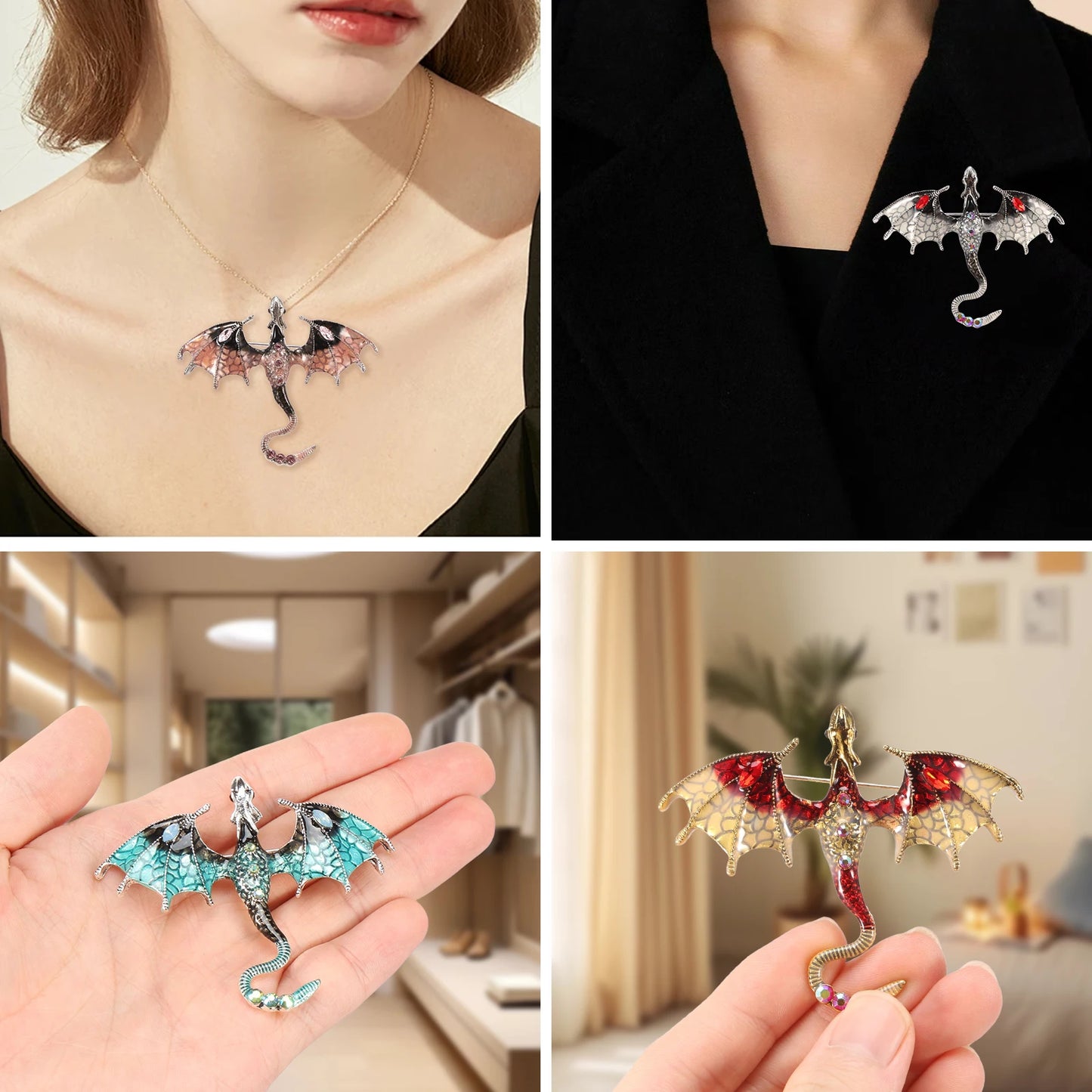 10-Piece Flying Dragon Enamel Brooch Set - Vintage Alloy Dragon Pins for Jewelry & Necklaces