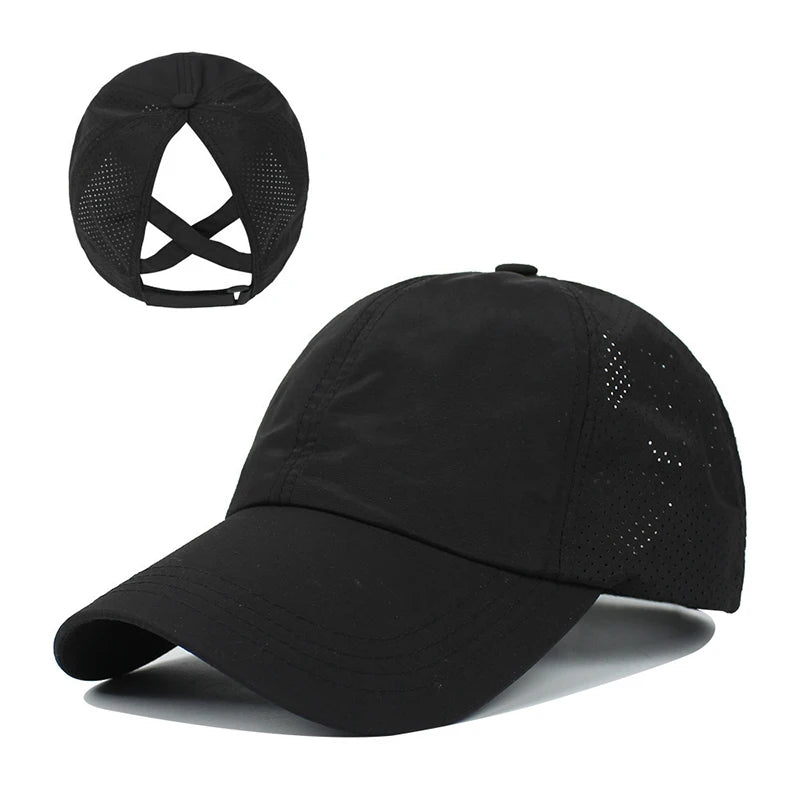 Summer Solid Color Baseball Cap – Quick-Drying Mesh Golf & Sports Hat for Women, Cross Ponytail Design, Men's Peaked Cap