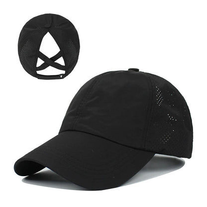 Summer Solid Color Baseball Cap – Quick-Drying Mesh Golf & Sports Hat for Women, Cross Ponytail Design, Men's Peaked Cap