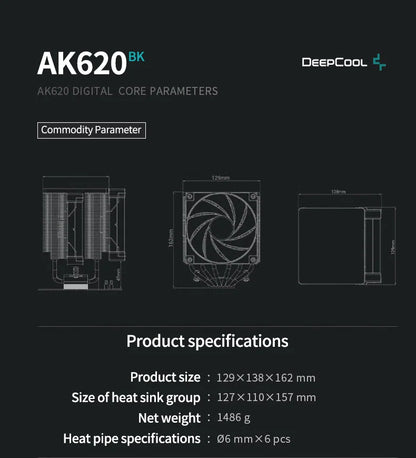 DeepCool AK620 CPU Cooler - Digital Display, 6 Heat Pipes, Twin Towers Radiator for LGA 2066, 2011, 1700, 1200, 115X, AM5 & AM4