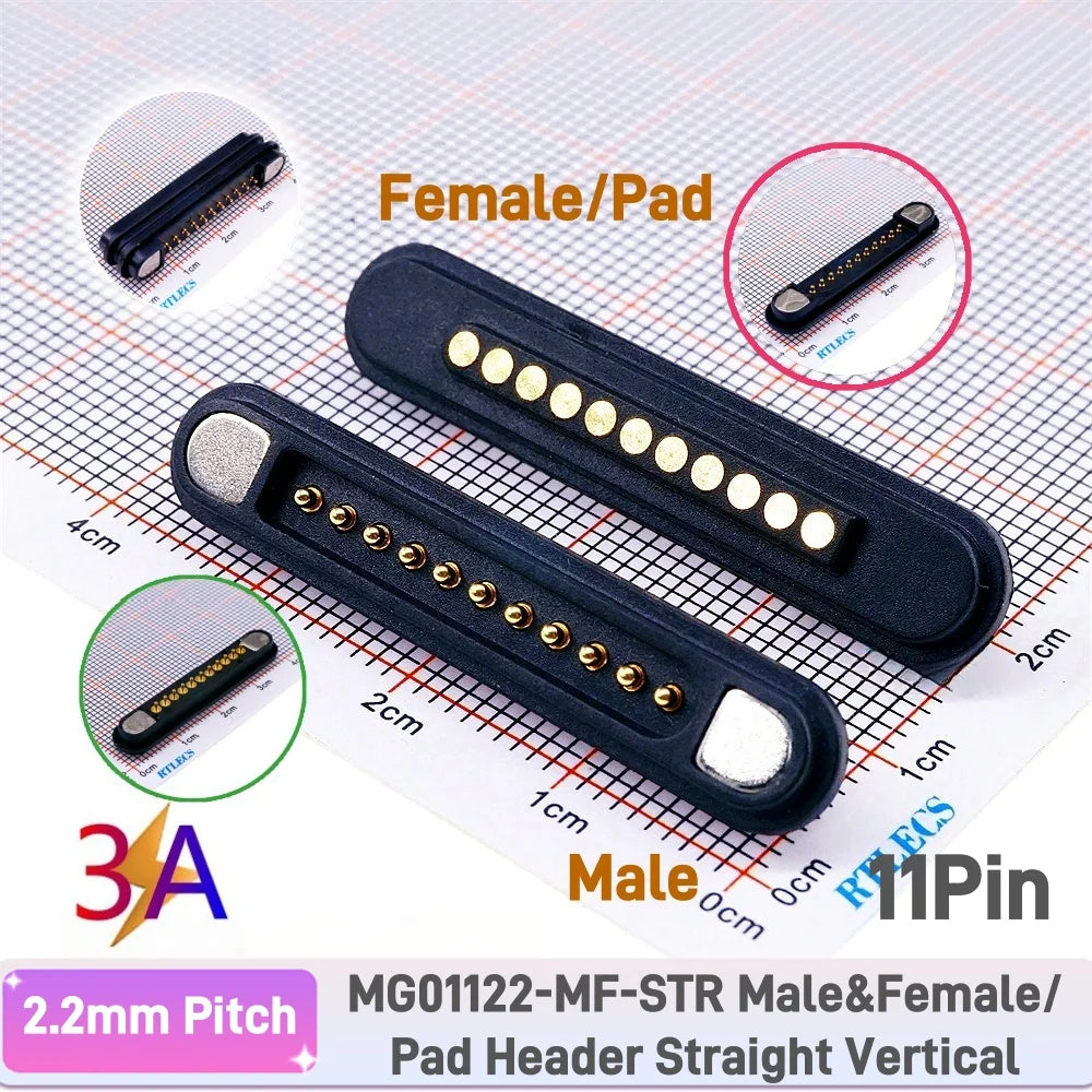 3A Magnetic Pogo Pin Connector - 2–11 Pin Spring-Loaded Male/Female Contact Strip, 2.2mm Pitch