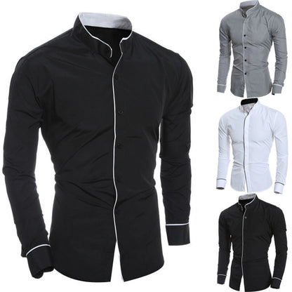Men’s Stand Collar Long Sleeve Shirt - Slim Fit Solid Color Button Down Shirt for Spring & Autumn