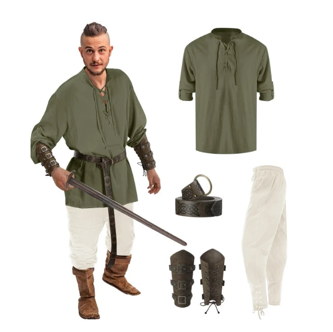 Jiuguva 4-Pcs Halloween Men's Renaissance Costume Set – Medieval Pirate Shirt, Ankle Banded Pants & Viking Belt Accessories
