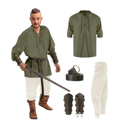 Jiuguva 4-Pcs Halloween Men's Renaissance Costume Set – Medieval Pirate Shirt, Ankle Banded Pants & Viking Belt Accessories