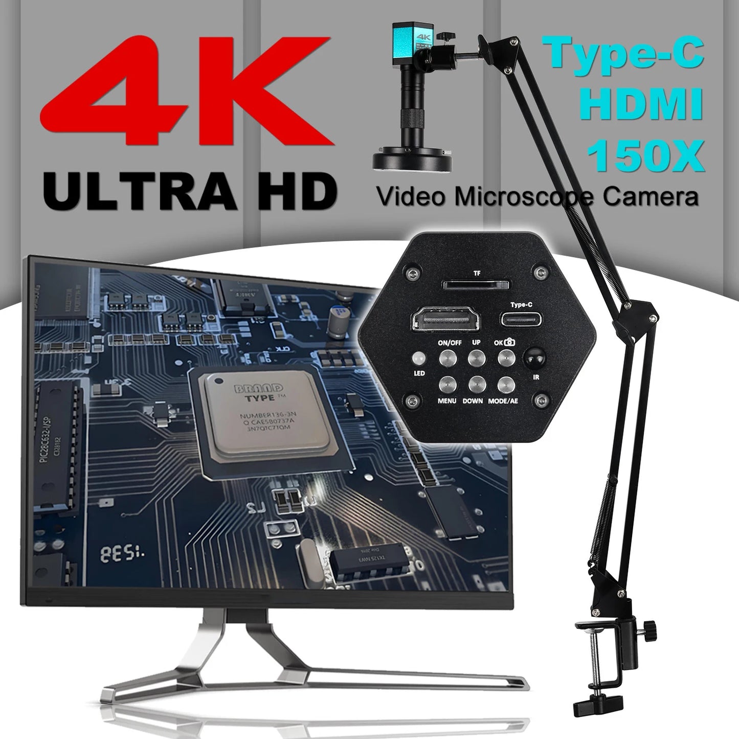 YIZHAN 4K Digital Microscope — Full HD HDMI VGA Industrial Camera with C-Mount, 150x Lens for Soldering & Phone Repair