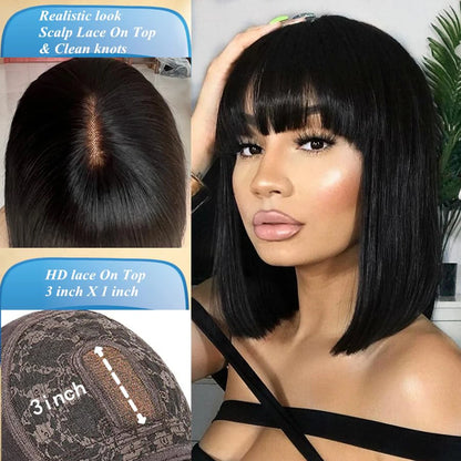 3-in-1 Middle Part Bob Lace Wig — Straight Short Human Hair with Bangs, Machine Made for Women
