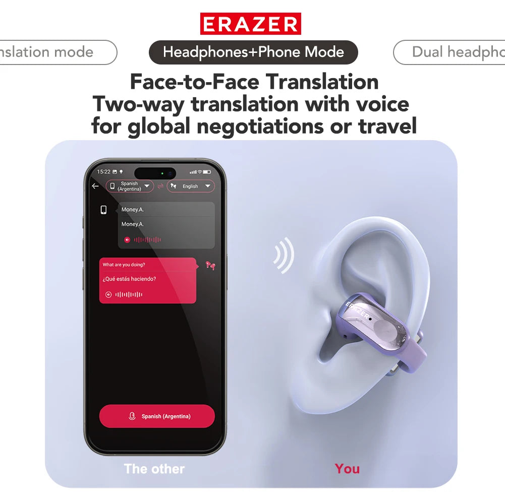 ERAZER XF28 Bluetooth V6.0 Translator Earbuds — True Wireless Open-Ear Earphones for Travel, Office & ASMR with Translation App