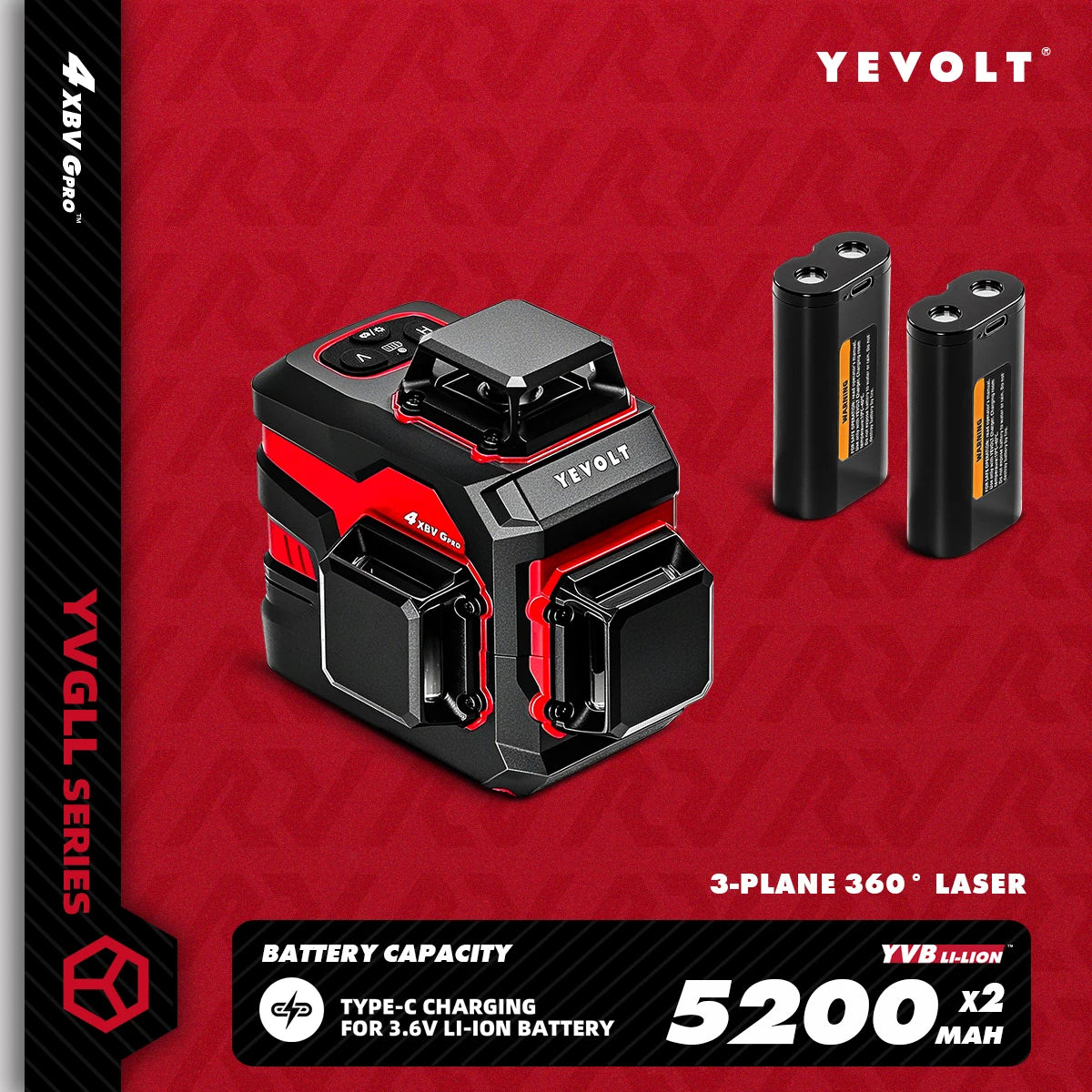 YEVOLT YVGLL4XS12 12-Line Green Laser Level – ±0.2mm/m Precision, IP54 Waterproof, Auto-Leveling with Slope Mode