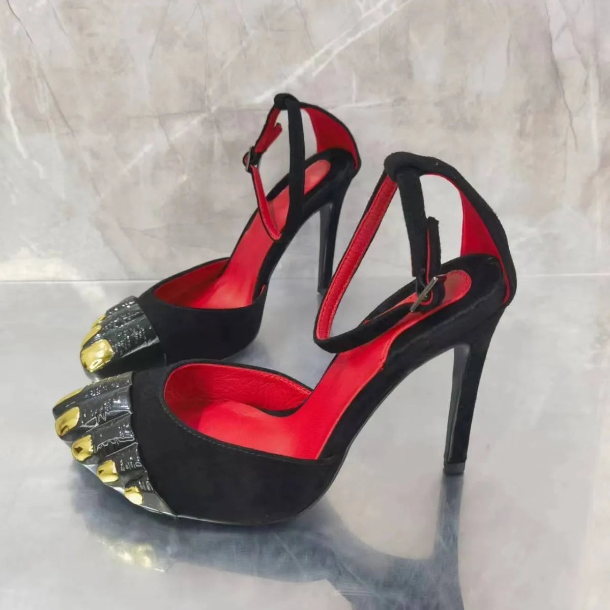 Gold Five-Toe High-Heel Sandals for Women - Slim Ankle Strap Dress Slippers