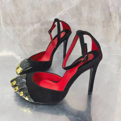 Gold Five-Toe High-Heel Sandals for Women - Slim Ankle Strap Dress Slippers
